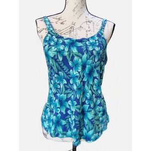 Vtg Rainbow Jo Tropical Floral Tank Top L Blue Green Rayon Handmade Resortwear